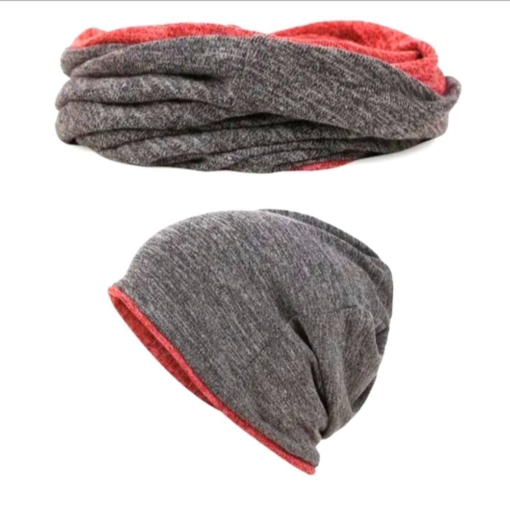Gray red reversible beanie scarf hat multipurpose